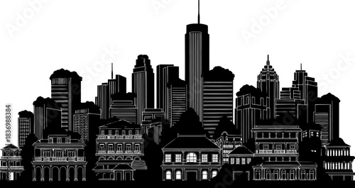 urban horizon timeless silhouettes capturing the dynamic essence of metropolitan life, isolated on transparent background