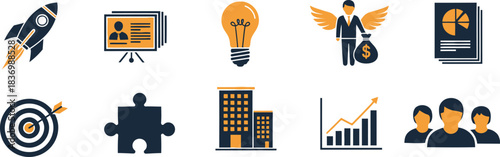 Business Startup Strategy Growth Team Innovation Success Icons with vector illustration