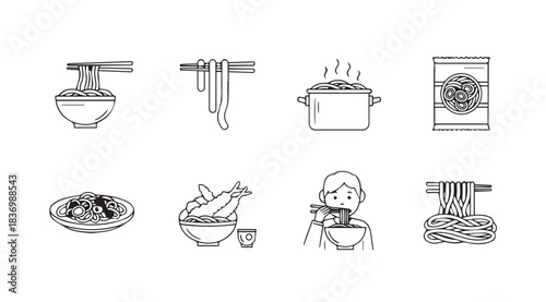 Set of 8 hand drawn line art food icons representing noodles and soup dishes vector