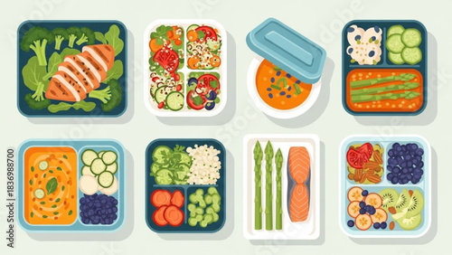 Healthy Meal Prep Boxes Set – Clean Eating Food Containers Vector