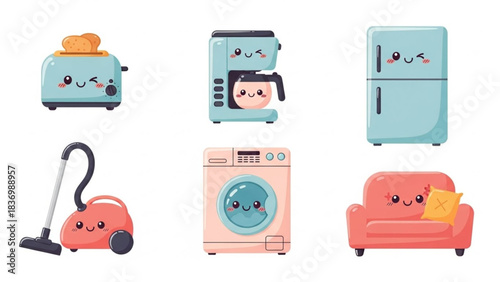 Cute Kawaii Home Appliances Vector Set – Toaster, Coffee Maker, Washer, Vacuum and Blender