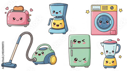Smiling Kitchen and Cleaning Appliances Kawaii Icons Collection