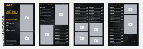 Black modern two row bifold menu design template with sleek minimal layout elegant typography and premium restaurant style suitable for cafes bars fine dining and professional printable menu design.