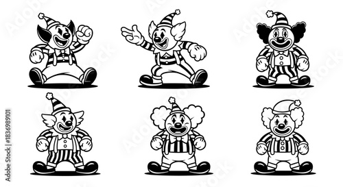 Vintage Clown Characters Collection Black and White Cartoon Style.