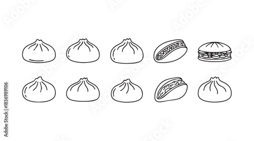 Collection of georgian khinkali dumplings and burgers drawn with sketchy lines vector
