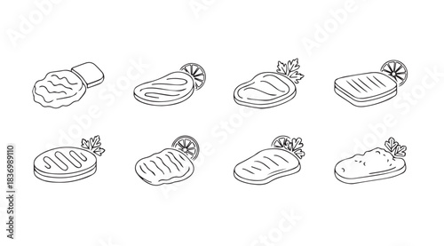 Sketchy hand drawn collection of grilled steak cuts appetizing food elements vector