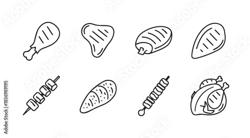 Hand-drawn grilling food icons featuring meats and skewers for barbecue enjoyment vector
