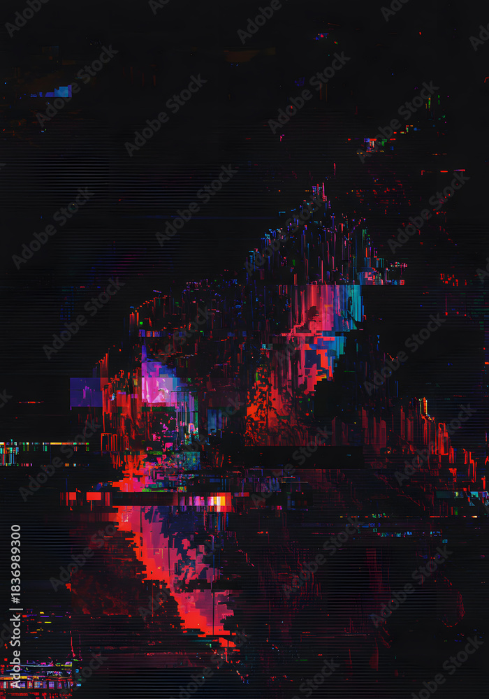 Obraz premium Abstract Glitch Art Dark, Colorful Digital Noise, Error Effect, Pixelated, Distorted Visuals.