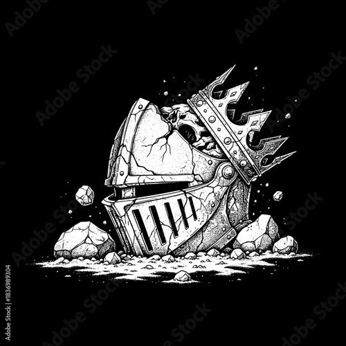 Cracked Knight Helmet with Royal Crown on Rocks.