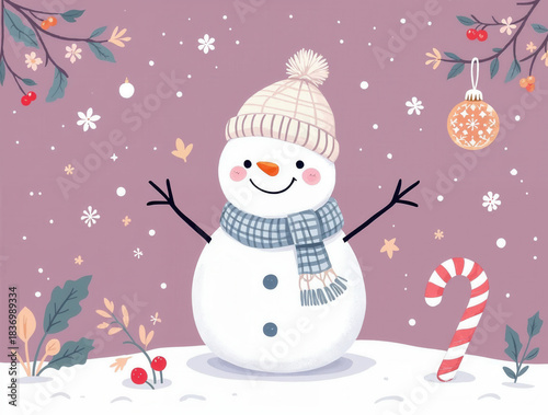 Cute smiling snowman in warm knitted hat and checkered scarf with candy cane surrounded by winter foliage, holly leaves, berries and falling snow on soft purple background creating festive holiday ill