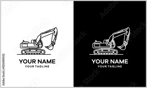 Clean line art excavator logo design presented in contrasting black and white versions for branding.