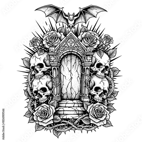 Gothic Archway with Skulls Roses and Bat Illustration.