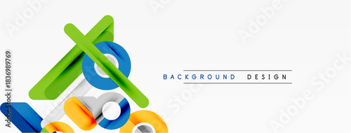 Abstract geometric shapes overlap, creating dynamic composition. Bright colors contrast against white background. Modern design element.