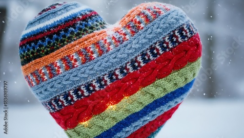 Colorful knitted heart with rich textures lying in snow symbolizing joy positivity and winter cheer.
