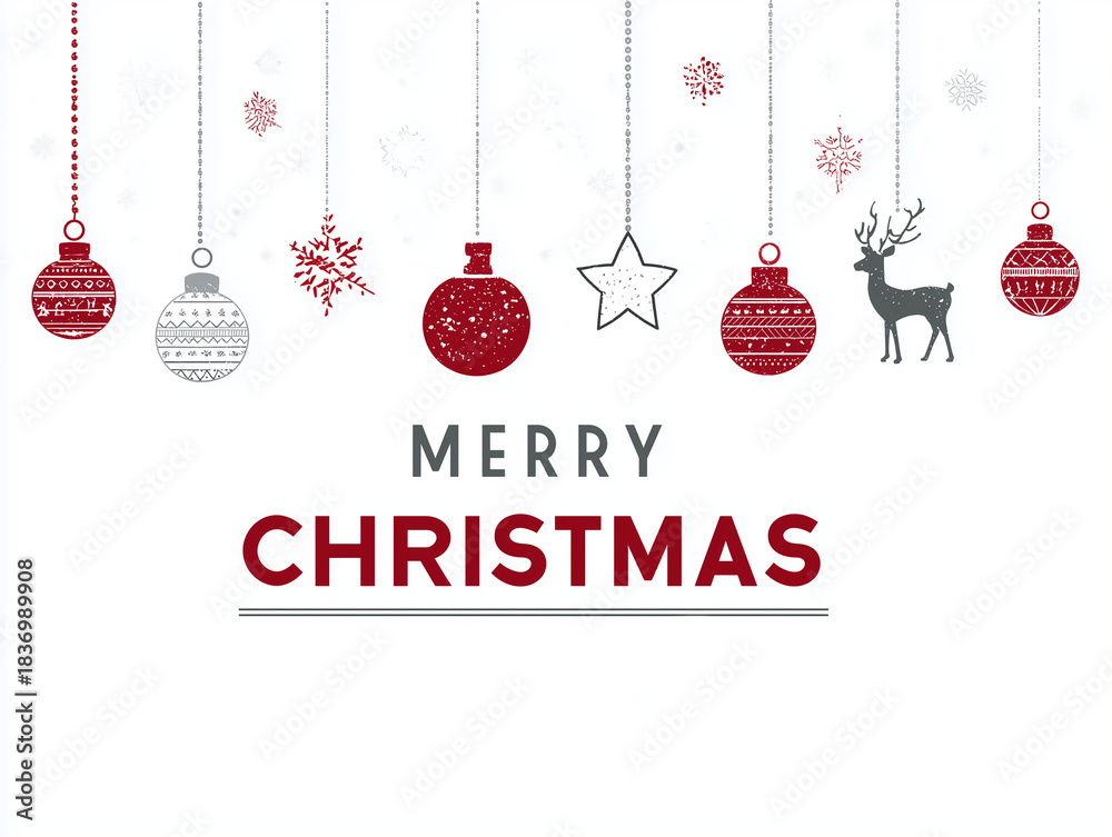 Naklejka premium Décor de boules de noël suspendues avec renne étoile et flocons sur fond blanc avec texte en anglais “MERRY CHRISTMAS” pour visuels saisonniers noël et fêtes de fin d’année