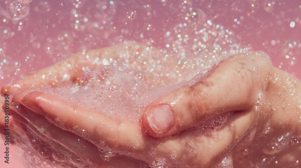 Fototapeta premium A hand is holding a spray bottle of soap