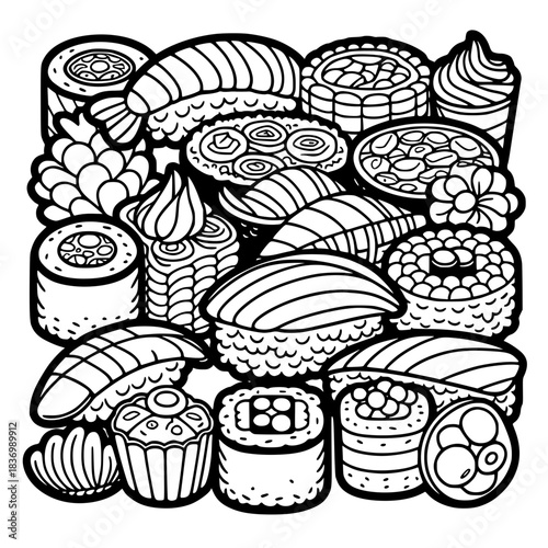 Black and white doodle illustration of various types of sushi and maki rolls