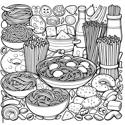 Doodle collection of various italian pasta shapes and cheese ingredients