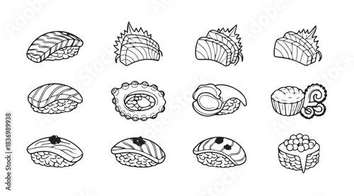 Sketch style assortment of delicious japanese sushi and sashimi hand drawn collection vector
