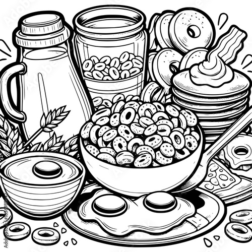 Black and white line art illustration of a hearty breakfast spread with cereal, eggs, and pancakes