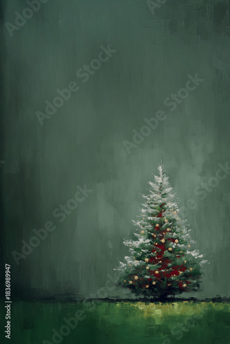 Peinture acrylique vintage représentant un sapin de Noël enneigé posé dans un décor intérieur sombre sur fond texturé avec large espace négatif copyspace pour visuels Noël et fêtes de fin d’année