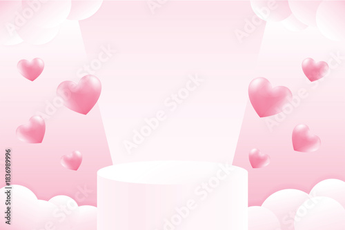 pink podium and heart shape elements in pink cloud background vector illustration template for love theme valentine sale pomotion poster