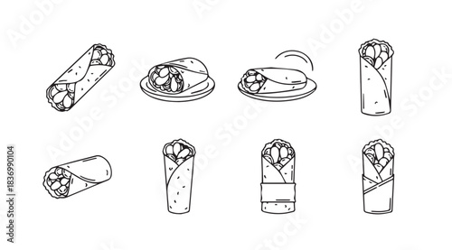 Hand drawn sketch collection of delicious shawarma wraps and plates various angles and views vector