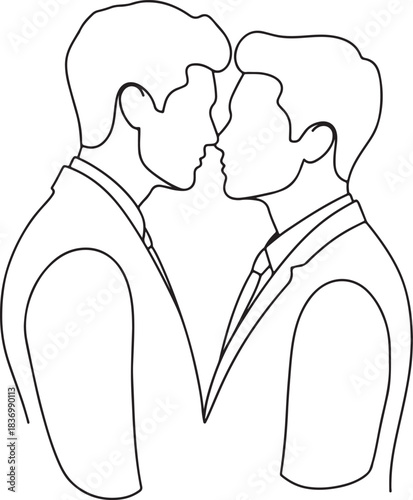 Minimalist line art drawing of two men about to share a tender kiss isolated on white background.