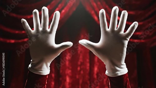 Stage Hands in Spotlight: A pair of gloved hands emerges from the shadows against a dramatic red curtain, casting an air of mystery and anticipation over the performance.