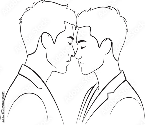 Minimalist line art drawing of two men about to share a tender kiss isolated on white background.