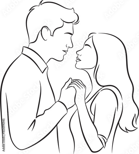 A tender line art illustration of a young couple embracing closely with their eyes closed and hands clasped isolated on white background.