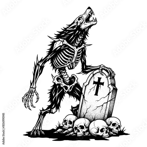 Terrifying Skeleton Werewolf Howling Beside Gravestone and Skulls.