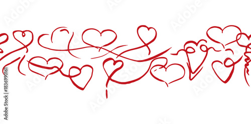 Heart outlines and flowing icons alternating in doodle line ornament. Vector seamless banner illustration, hand drawn in pen and ink. Valentine blog header, romantic frame border, printable divider.