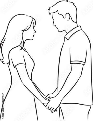 A tender line art illustration of a young couple embracing closely with their eyes closed and hands clasped isolated on white background.