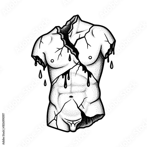 Broken Marble Statue Torso Dripping Liquid Black and White Illustration.