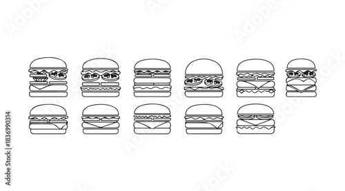 Set of ten hand-drawn sketchy cheeseburger icons and elements for fast food branding vector