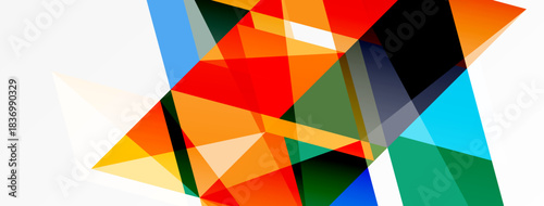 Abstract geometric composition. Overlapping triangles, rectangles create dynamic colorful pattern. Modern design, vibrant hues dominate.