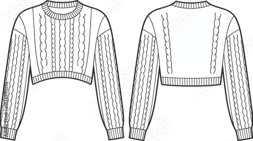 Cable knit cropped sweater, long sleeve fashion flat sketch, curved hem pullover top with ribbed trims, front and back view