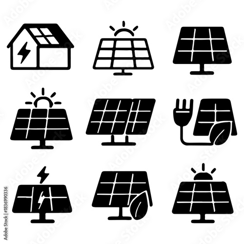 Solar energy icon set. Black vector solar panel, eco power, electricity, and green energy symbols for sustainable design.
