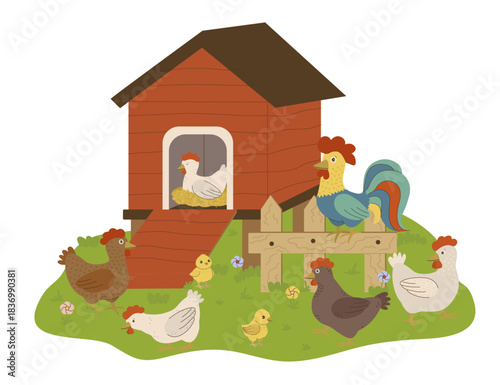 Colorful vector illustration of a farmyard scene featuring a rooster, hens, and chicks gathered near a chicken coop. Ideal for agricultural and rural-themed projects and designs.