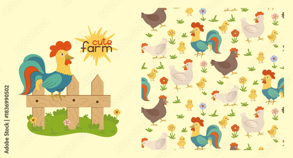 Naklejka premium Cute vector illustration featuring a farm scene with a rooster and various farm animals, including chickens and chicks, in a colorful pattern. Perfect for children s designs, fabrics, textiles and far