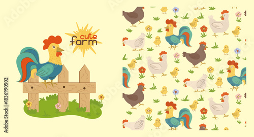 Cute vector illustration featuring a farm scene with a rooster and various farm animals, including chickens and chicks, in a colorful pattern. Perfect for children s designs, fabrics, textiles and far