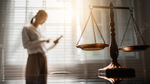 Tableau sur toile The scales of justice stand in focus while a woman seeks counsel, symbolizing the legal protection of women's rights, gender equality, safety from domestic violence, and the pursuit of fair justice