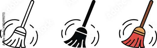 Sweeping Broom Icon, Broom Sweeping Vector Icon, House Cleaning or Janitor Symbol, Sweep Floor Pictogram, Housework or Housekeeping Tool Icon Set, silhouette, vector, illustration.