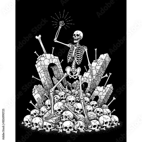 Skeleton rising from a pile of skulls and tombstones.