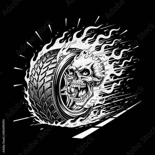 Scary flaming skull tire with demonic eyes and sharp teeth.