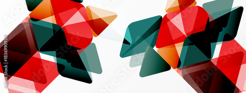 Abstract geometric shapes overlap, creating vibrant red, teal, black patterns. Minimalist design with transparency effects. Modern composition.