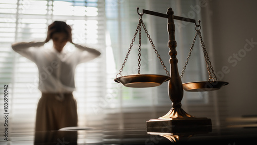 Foto The scales of justice stand in focus while a woman seeks counsel, symbolizing the legal protection of women's rights, gender equality, safety from domestic violence, and the pursuit of fair justice