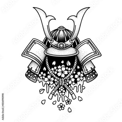 Traditional Japanese Samurai Helmet Adorned with Cherry Blossoms.