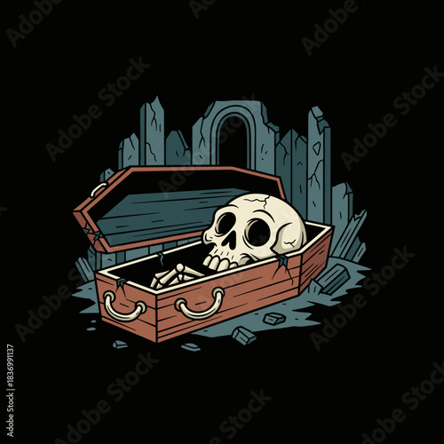 Skeleton in a Coffin Emerging from a Tomb.